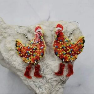 Festive Chicken Earrings with Santa Hats